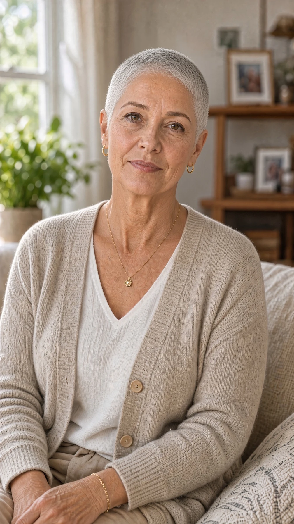 Mature woman with short silver hair seated at home