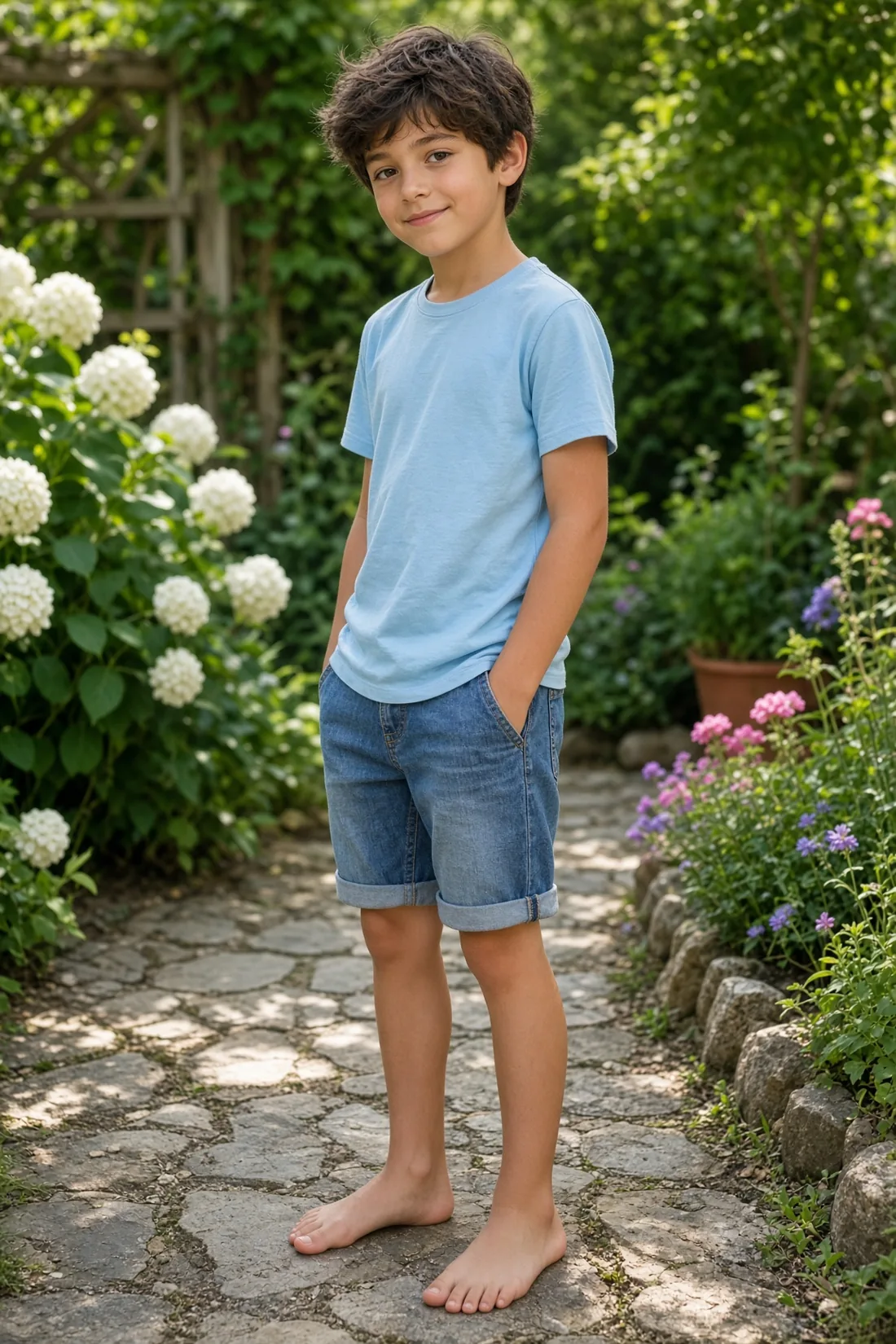 Boy in a blue shirt standing in a garden