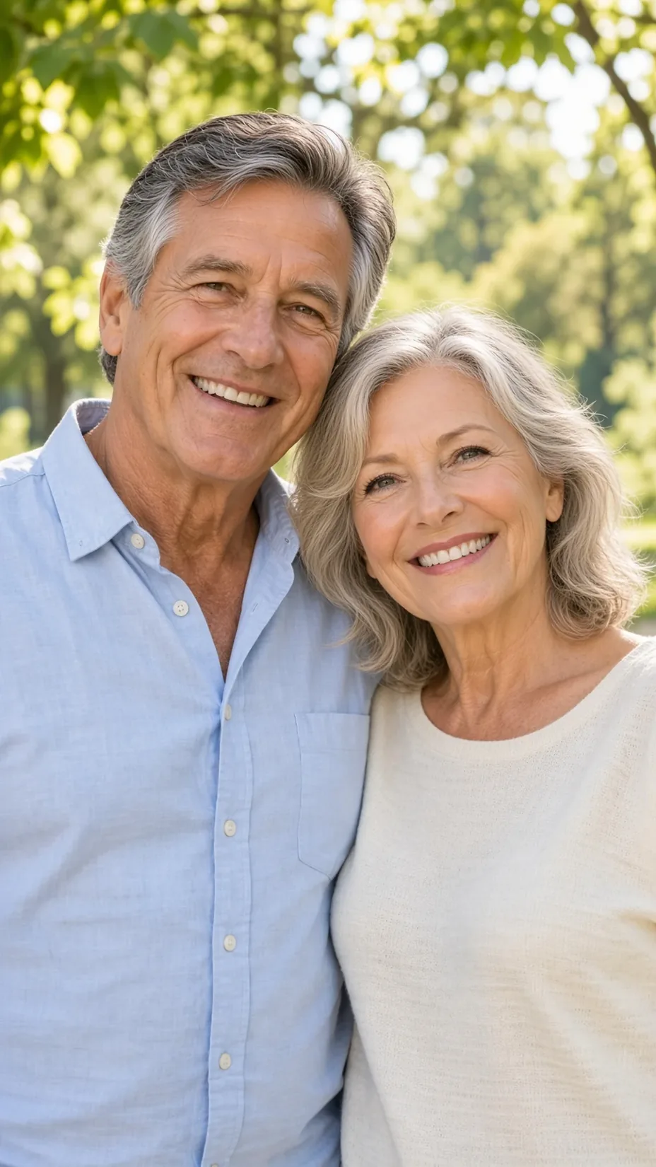 Older couple smiling together in a garden