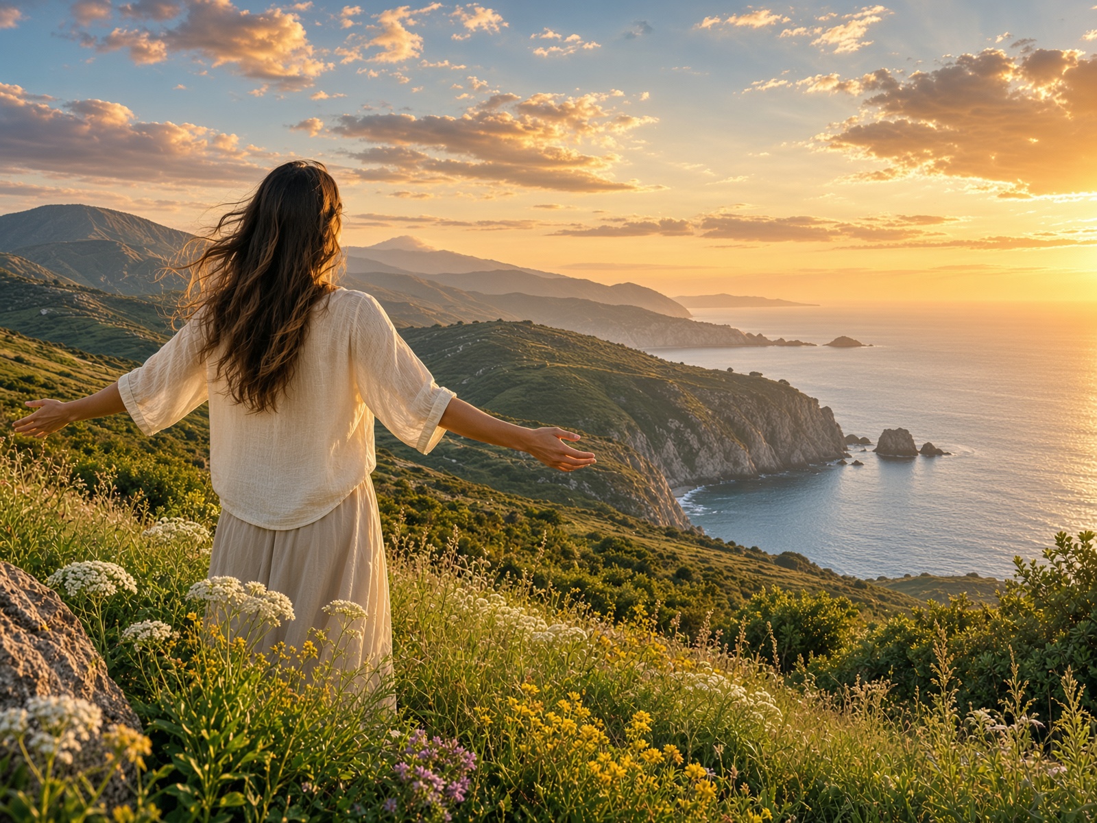Woman taking in a coastal view from a green hillside